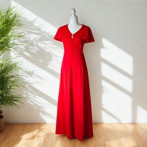1970s Vintage Cherry Red Maxi Dress with Rhinestone Bust Brooch